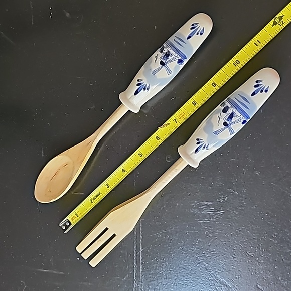 Wood Salad Serving Fork & Spoon Set Hand Painted Ceramic Handles - Picture 2 of 6